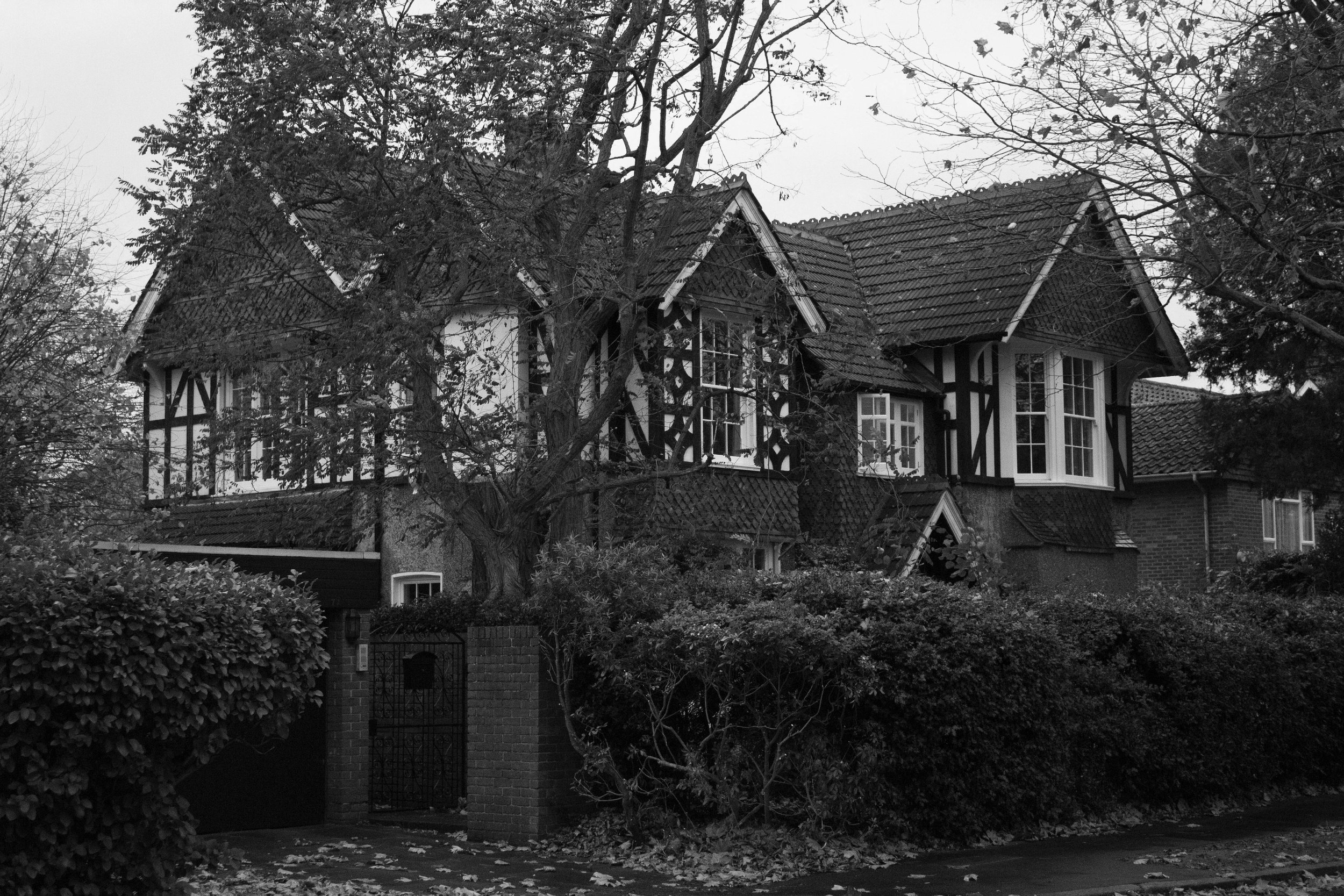black and white image of london houses