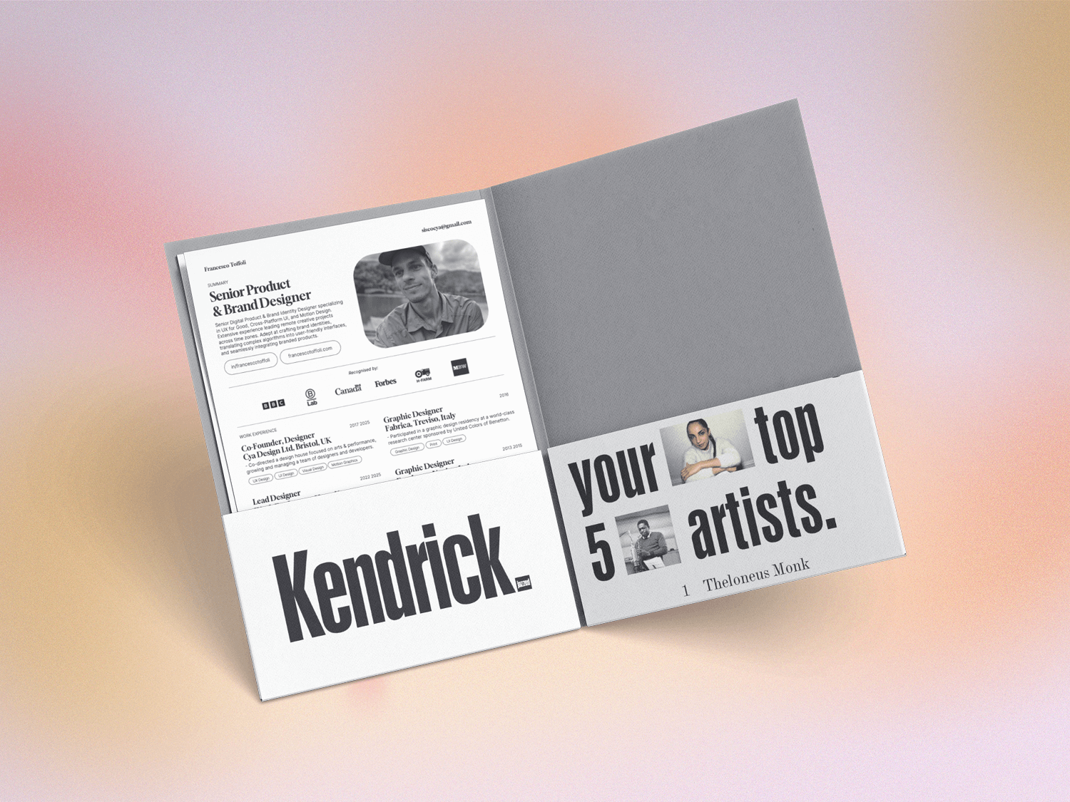 Open magazine with black and white professional resume on left page and colorful advertisement with bold text on right page, on pastel gradient background.