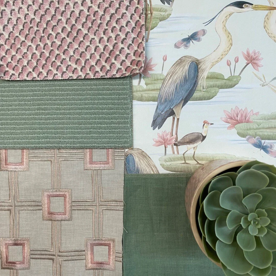 Birds &amp; Blush 2.0
#interiordesign #interiordesigner #interiorinspiration #fabrics #designideas #design #dots #herons #wallpaper #succulents  #geometricprint #geometricfabric #pink #blushandbashful #blushfabrics #pinkfabrics #floralwallpaper #atou