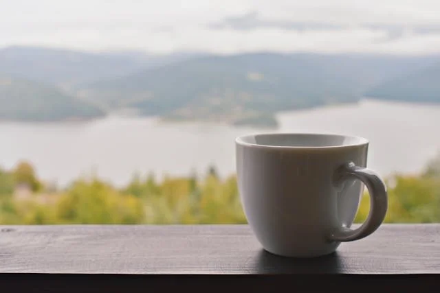 A cup of coffee overlooking a lake in the distance