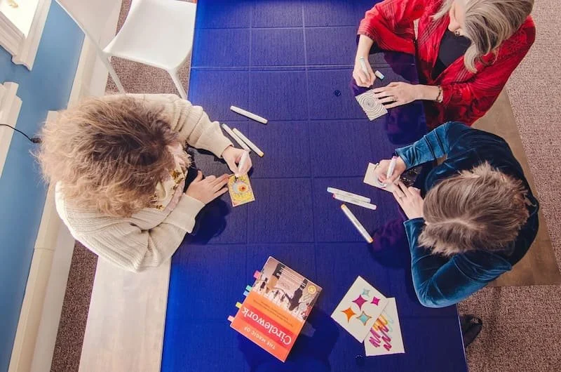 People at a table from above looking down