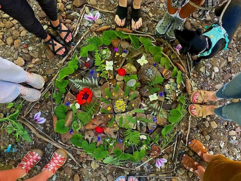 People standing around a circular arrangement of wildflowers, leaves, and sticks on a rocky ground, with a small black dog nearby.