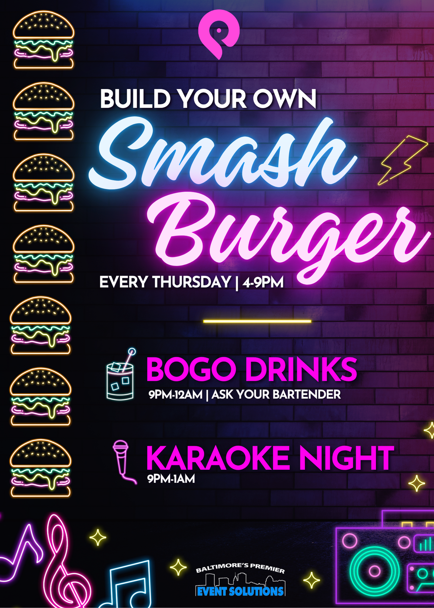 Thursday night smash burger, bogo drinks baltimore, Thursday night karaoke night