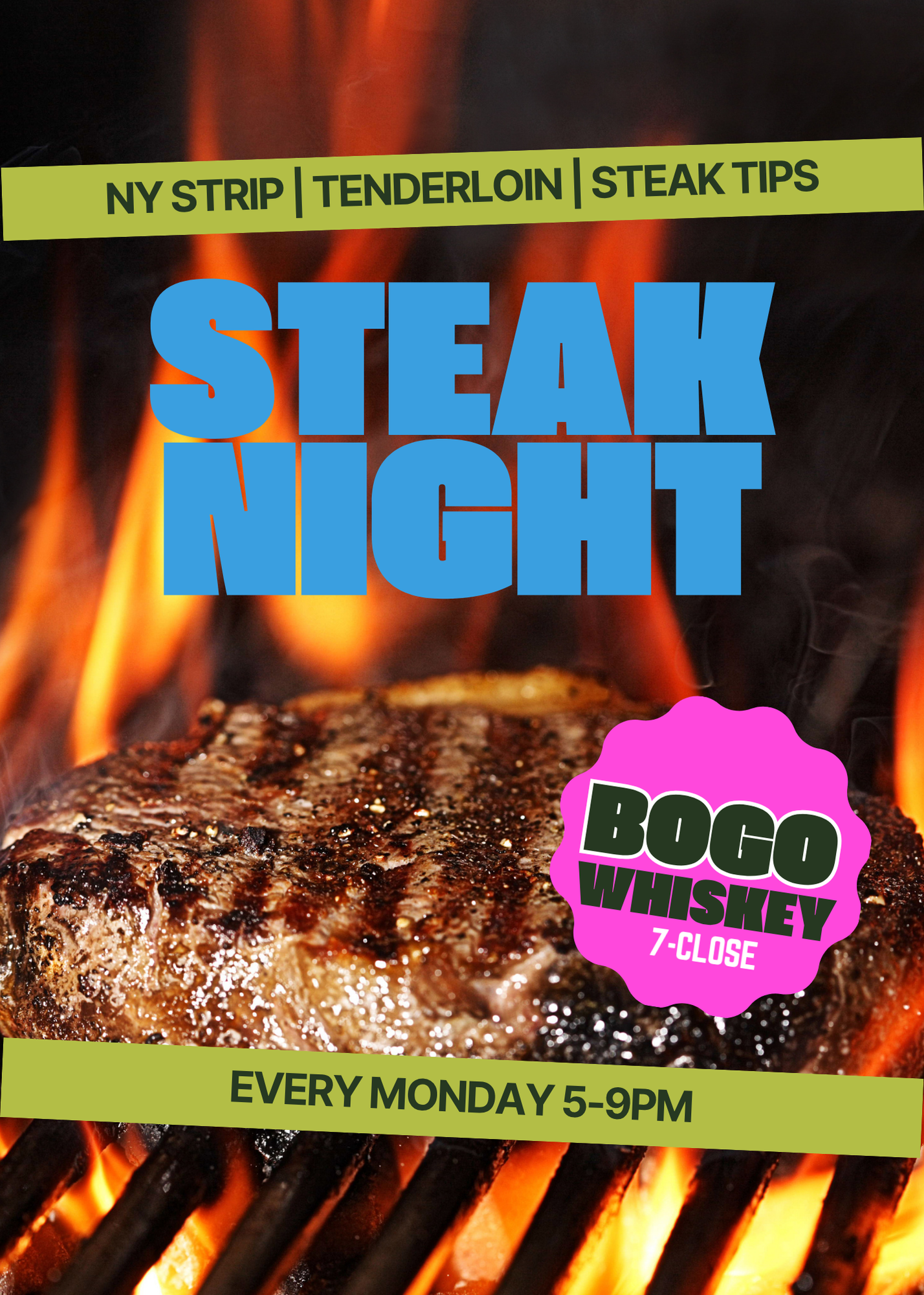 steak night Baltimore city, every monday at 5, bogo whiskey
