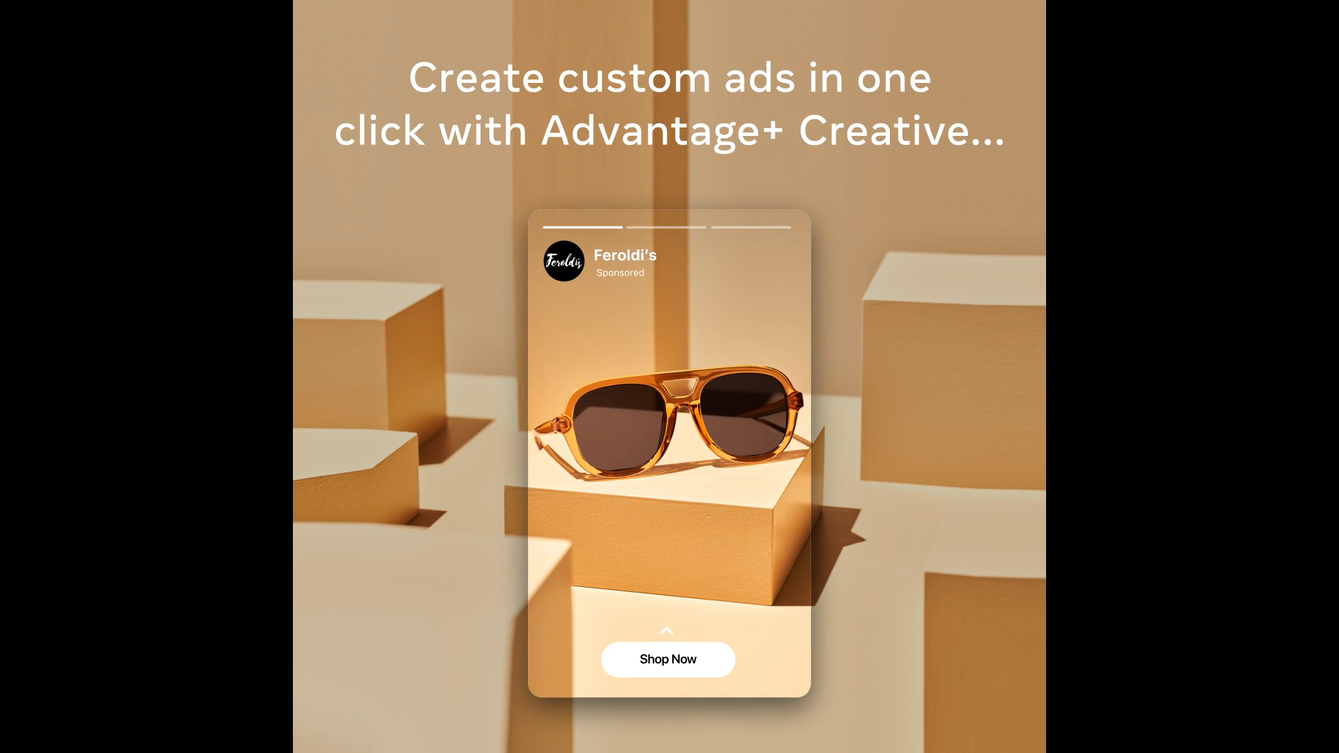 A mobile phone screen displaying an advertisement for sunglasses with a beige background, featuring a pair of sunglasses on a beige platform, an ad overlay, and a 'Shop Now' button at the bottom.