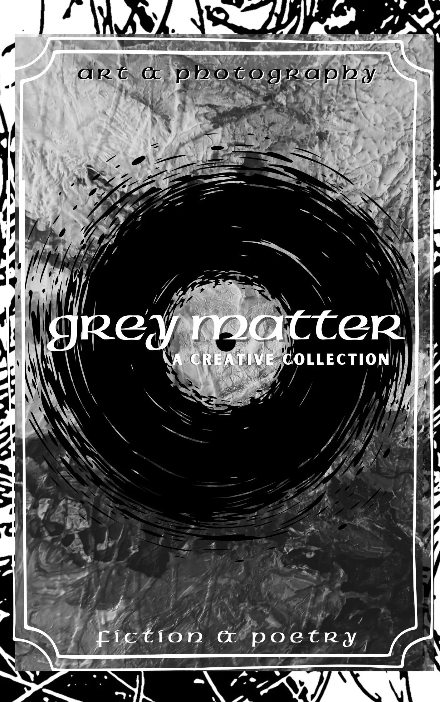 Book cover titled 'Grey Matter: A Creative Collection' with a black and white abstract circular design and textured gray background.