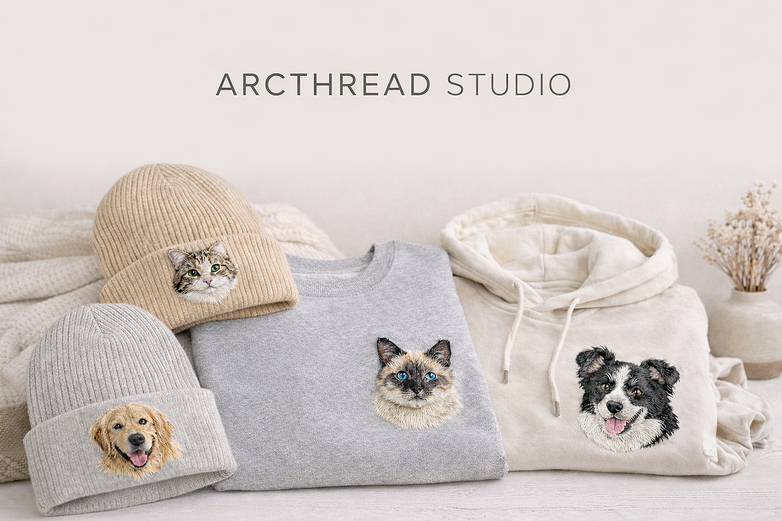 Display of respirator beanies, sweatshirts, and hoodies with embroidered dog and cat faces and a knitted beanie with a cat face, arranged on a light-colored surface with a vase of dried flowers in the background.