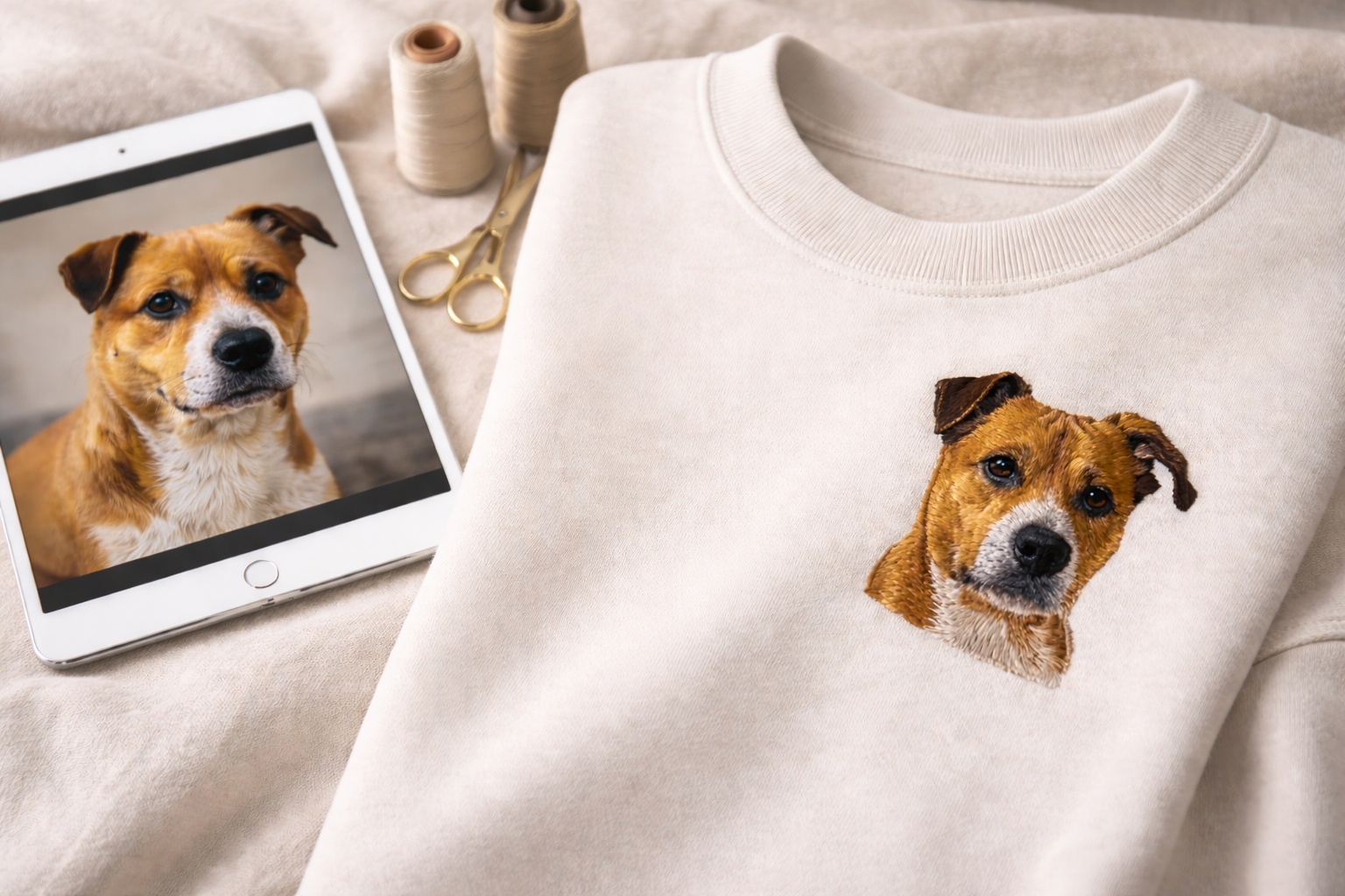 A white sweatshirt with a printed image of a dog's face, placed on a beige fabric surface, along with a smartphone displaying the same dog and three spools of thread, a pair of gold scissors.