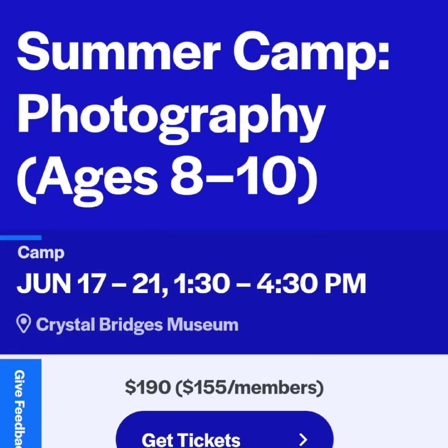 🎉 Exciting News! Join us for our Summer Camp: Photography for Ages 8&ndash;10 at Crystal Bridges! 🎉

📸 Summer Camp: Photography for Ages 8&ndash;10 - Let your young photographers dive into a world of creativity and learning with this hands-on, wee