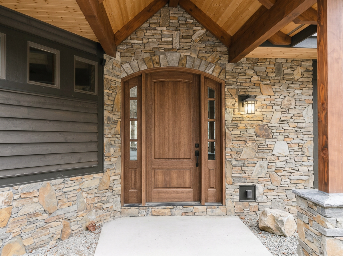 Front entrance of a house with a large wooden door, stone wall, and a black exterior light fixture.