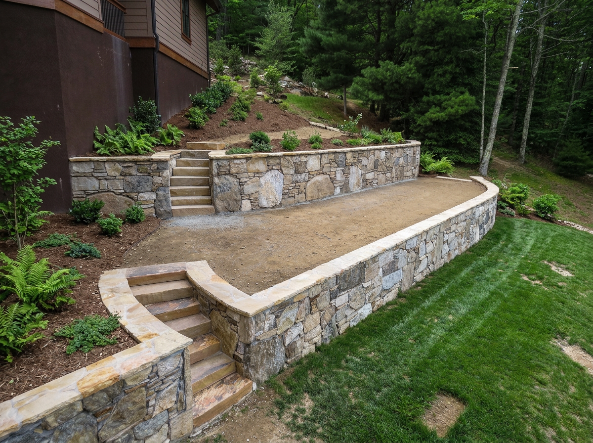 Stone retaining wall with stairs leading up to a landscaped yard with plants and trees.