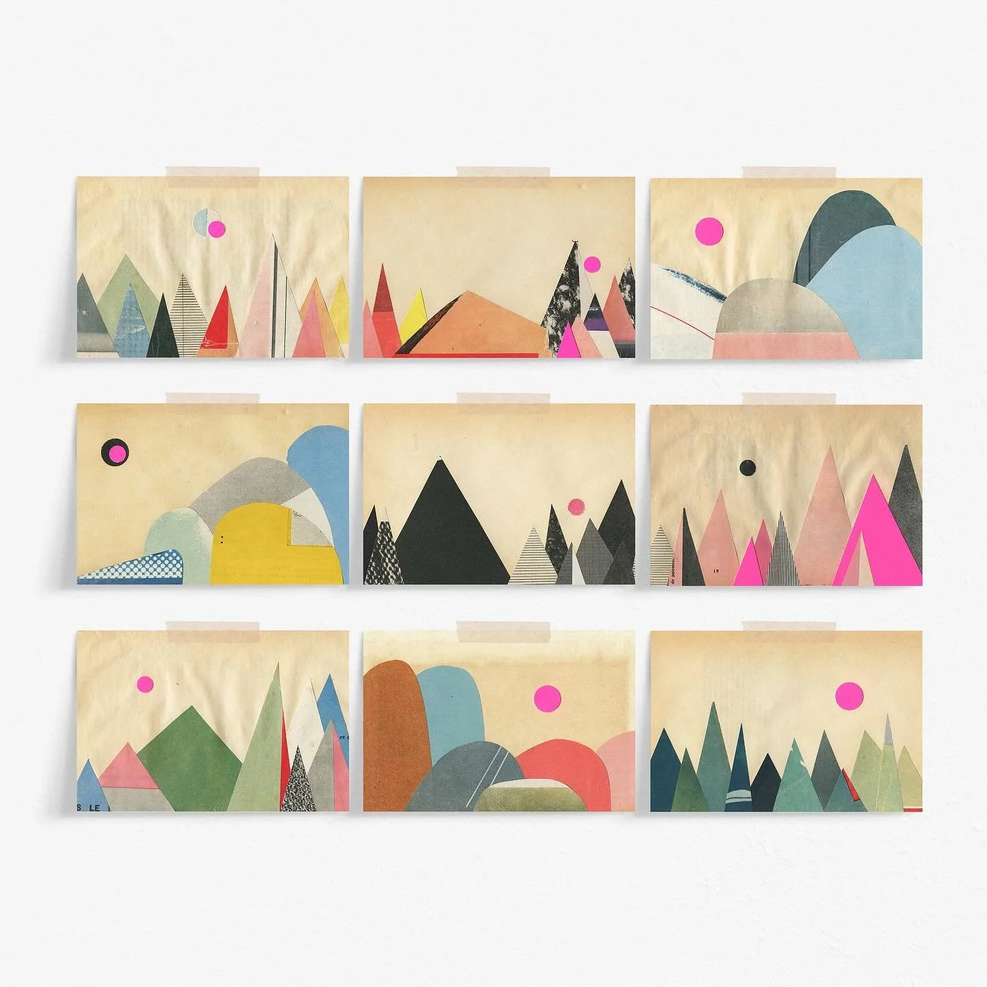 Paper Mountains

Another postcard set featuring various landscape scenes, originally made with paper on vintage book pages. 

Beautiful textures, rippling, torn edges and colour combinations.
 
These mountains are part of a series I made years ago.
I