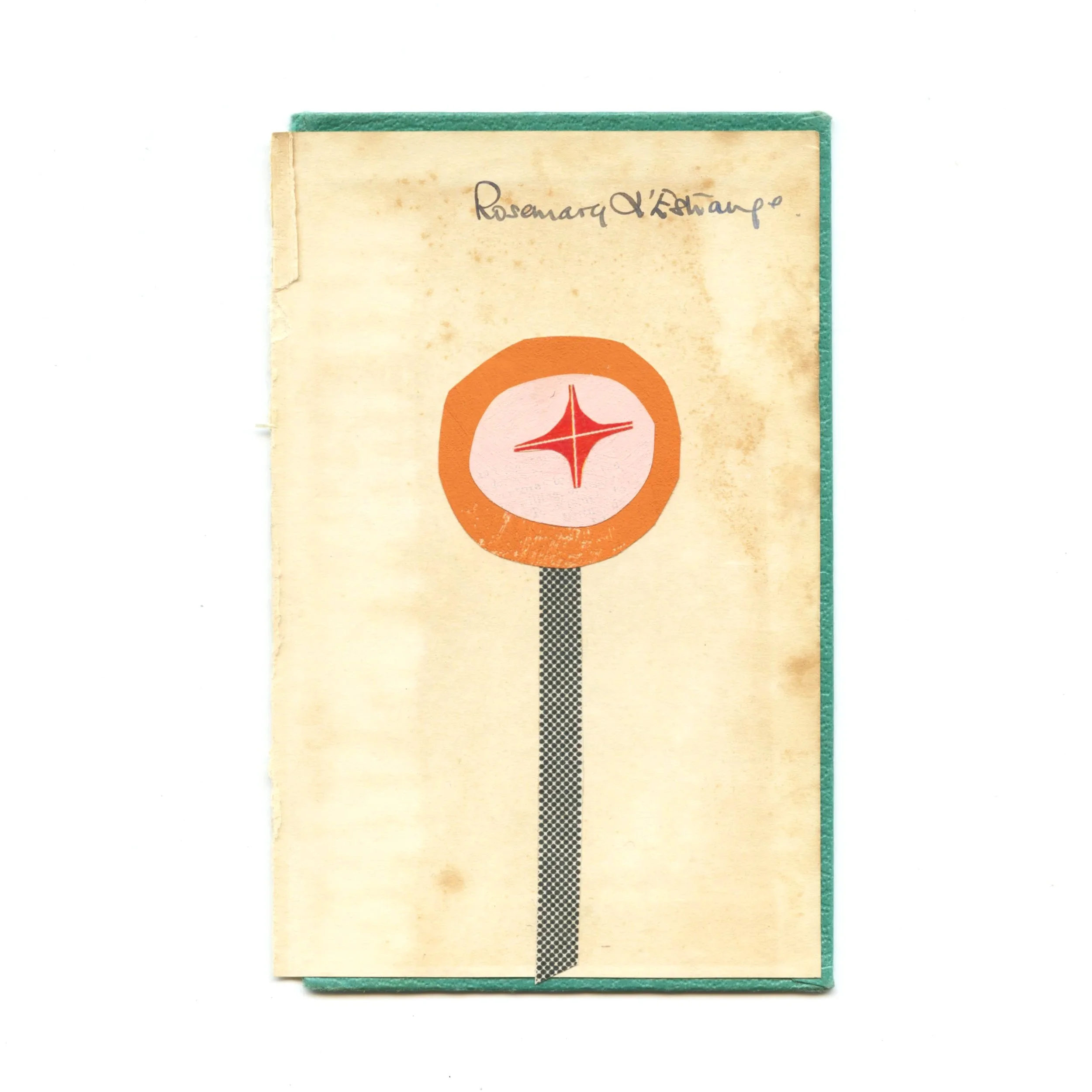 A paper collage depicting a small orange flower with a red star in the centre. Created on a worn vintage book cover.