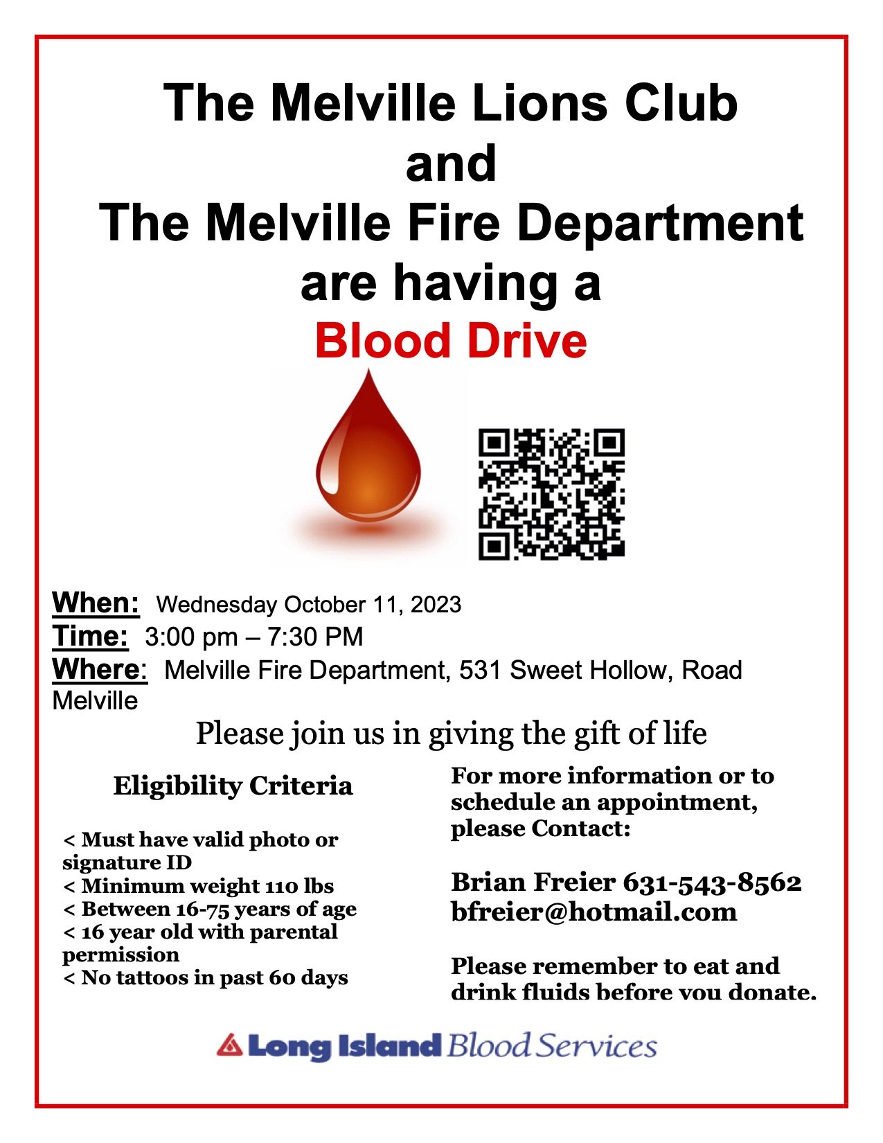 Blood Drive on October 11th by Melville Lions Club & Fire Department