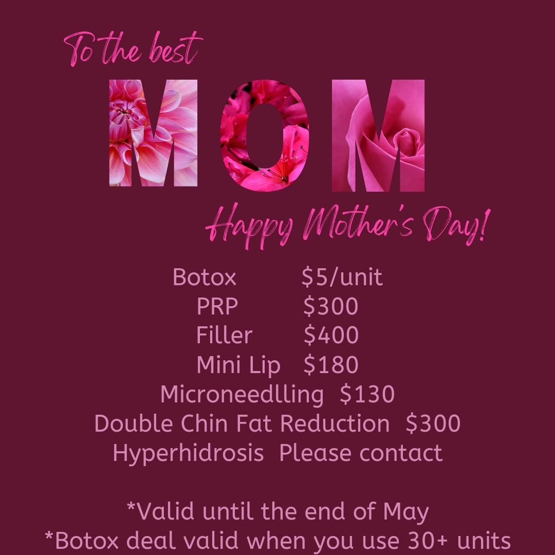 🌸 Celebrate Mother's Day with us!
Enjoy exclusive savings on our treatments until the end of May. Treat yourself or spoil Mom with a rejuvenating experience. 
Don't miss out on this limited-time offer! Book now to indulge in pampering and relaxation
