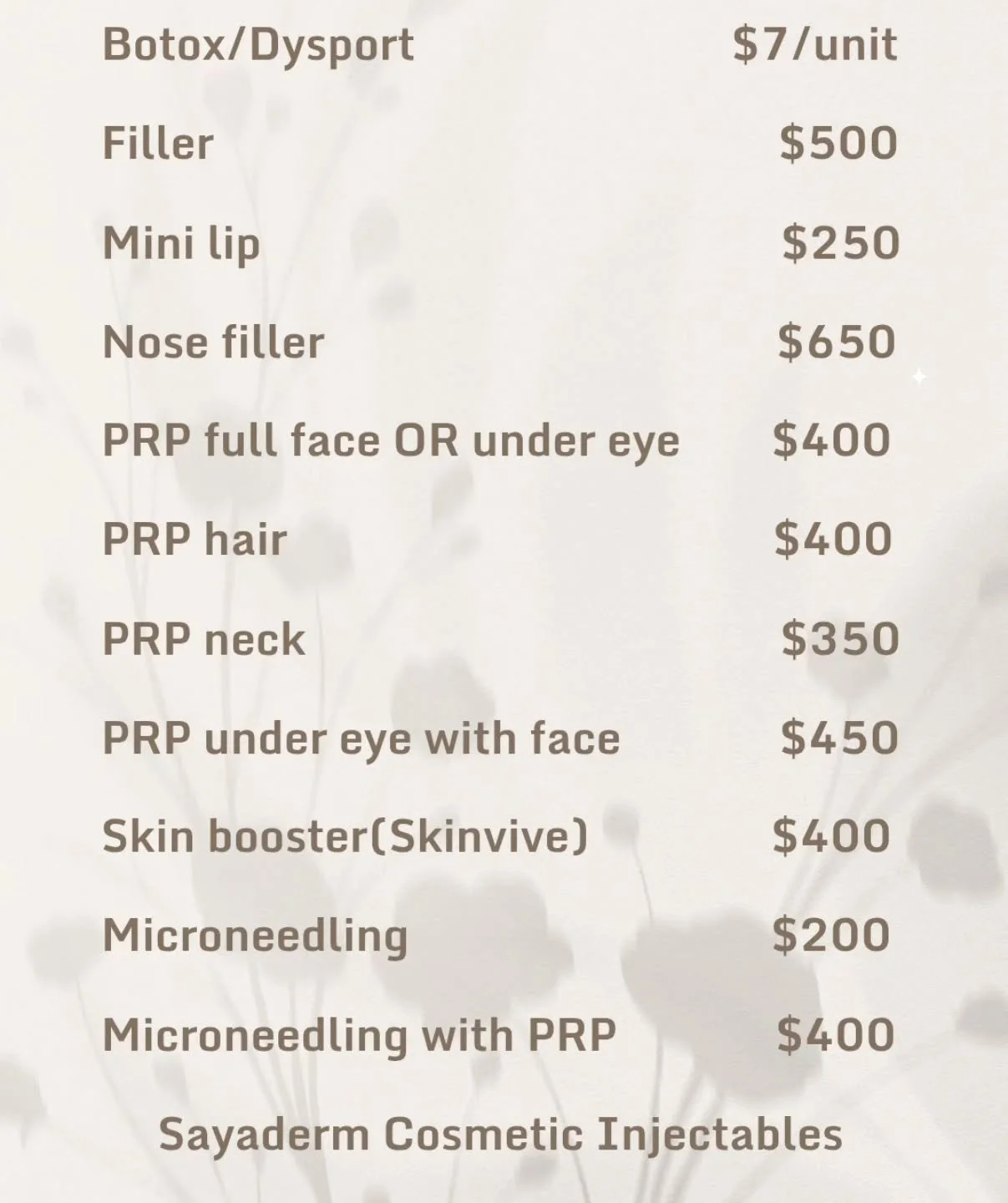 ✨ Say hello to confidence, the Sayaderm way! ✨

💉 Check out our Price List &mdash; real results, real value.
Whether you're new to aesthetics or looking for a trusted injector, you're in the right hands with Nurse Sara, RN &mdash; a perfectionist wi