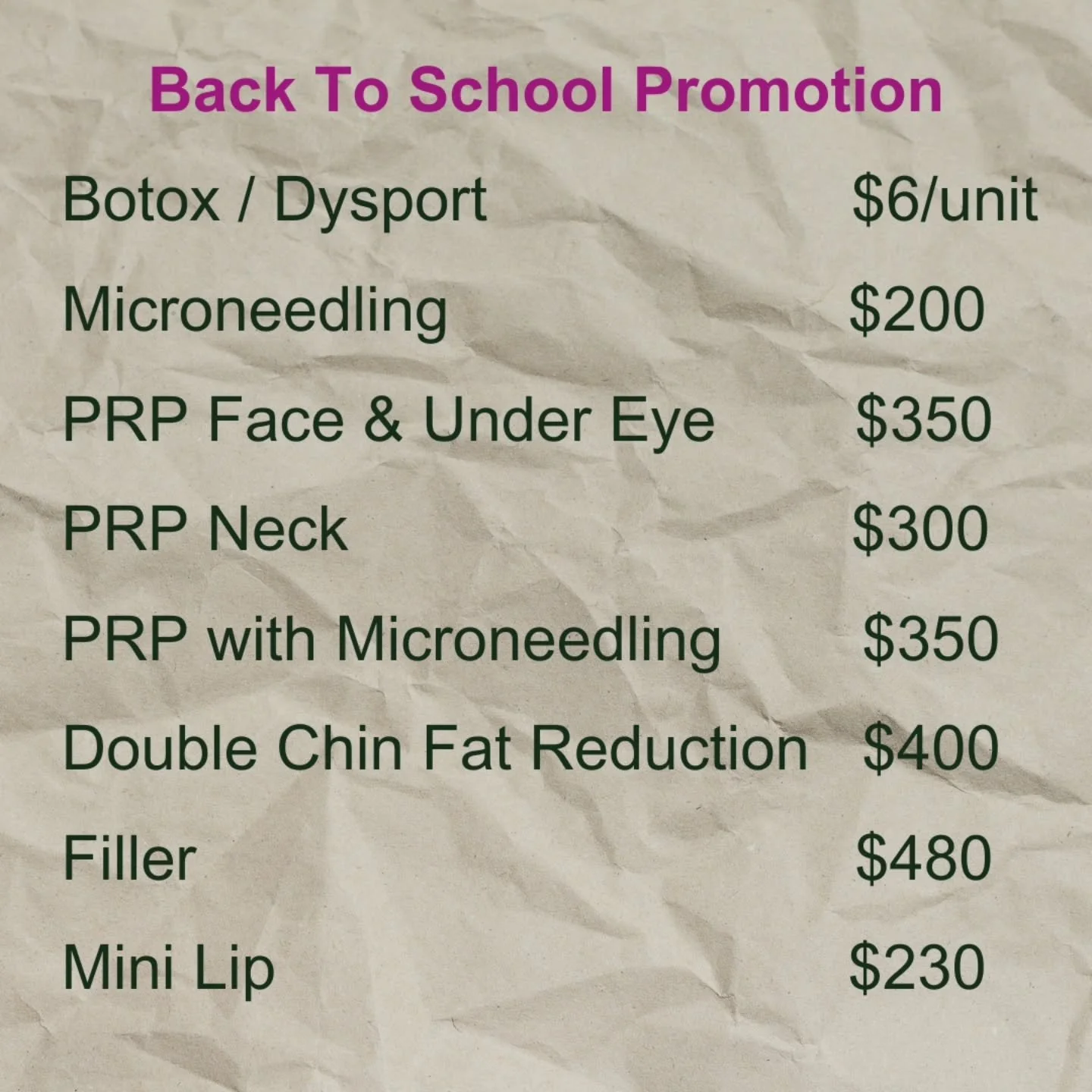 ✨ Back to School Promotion ✨
As summer winds down, it&rsquo;s the perfect time to refresh your look. 🍂

We&rsquo;re pleased to offer special seasonal pricing on select aesthetic treatments.

Our focus is always on natural, refined results to help yo