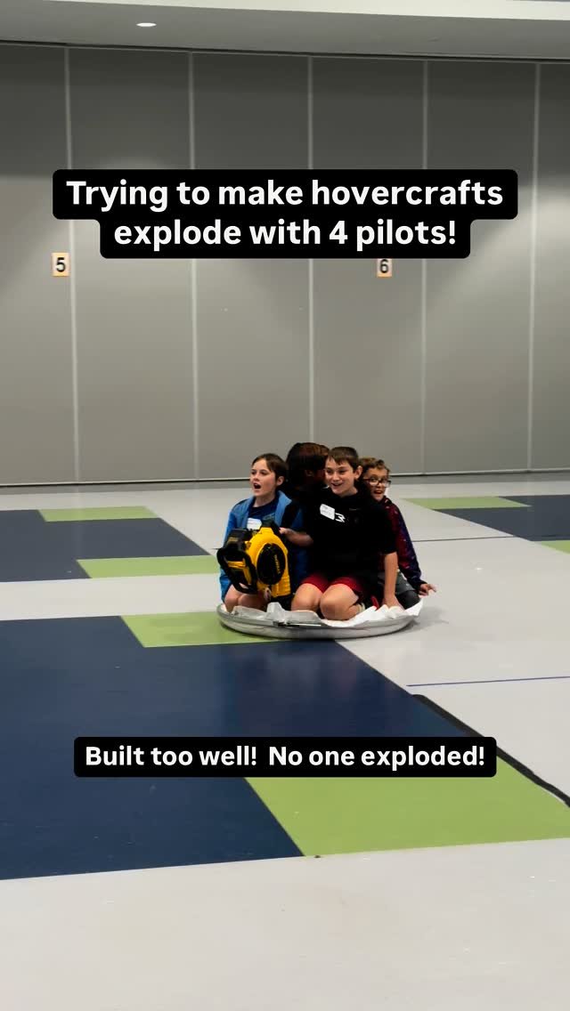 Toward the end of the day we try to make the skirts fail…even with 4 pilots, they got all the way across the floor! #learntolovetolearn #hovercrafts #stem #iamvaluable #teamwork #thehovercraftproject #productivestruggle #southcarolina