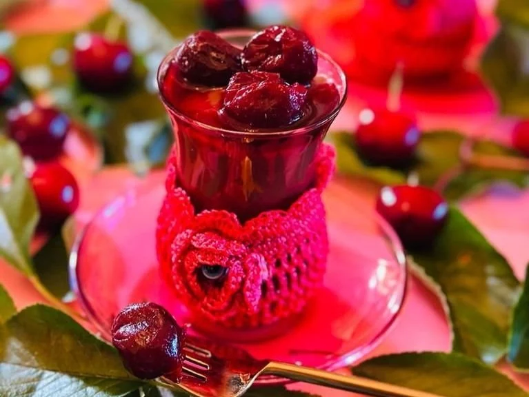 Chocolate Mhallabiye (milk pudding) with Cherry Sauce