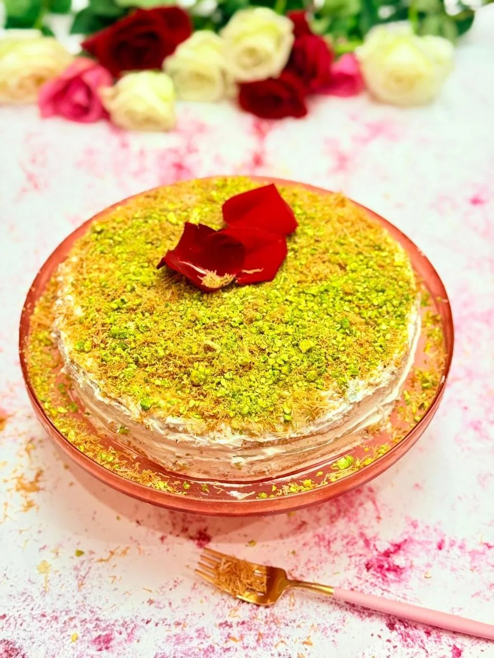 Pistachio Cake with Labne Cream and Kataifi
