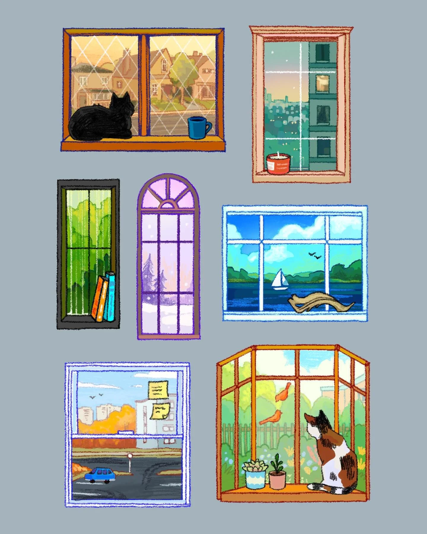 I made these stickers for supercrawl back in september. most of these are inspired by places I've lived or visited...I'd love to do a follow up of windows looking into all kinds of rooms. would anyone be interested in those stickers?🪟