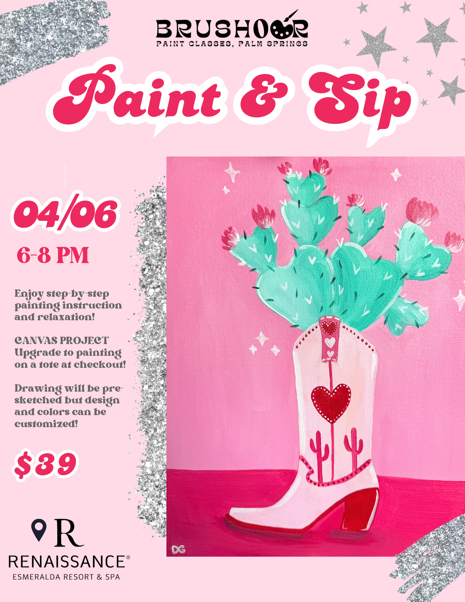 04/06/26  6-8 PM Paint and Sip Cowgirl Boot @ Renaissance Esmeralda Resort & Spa