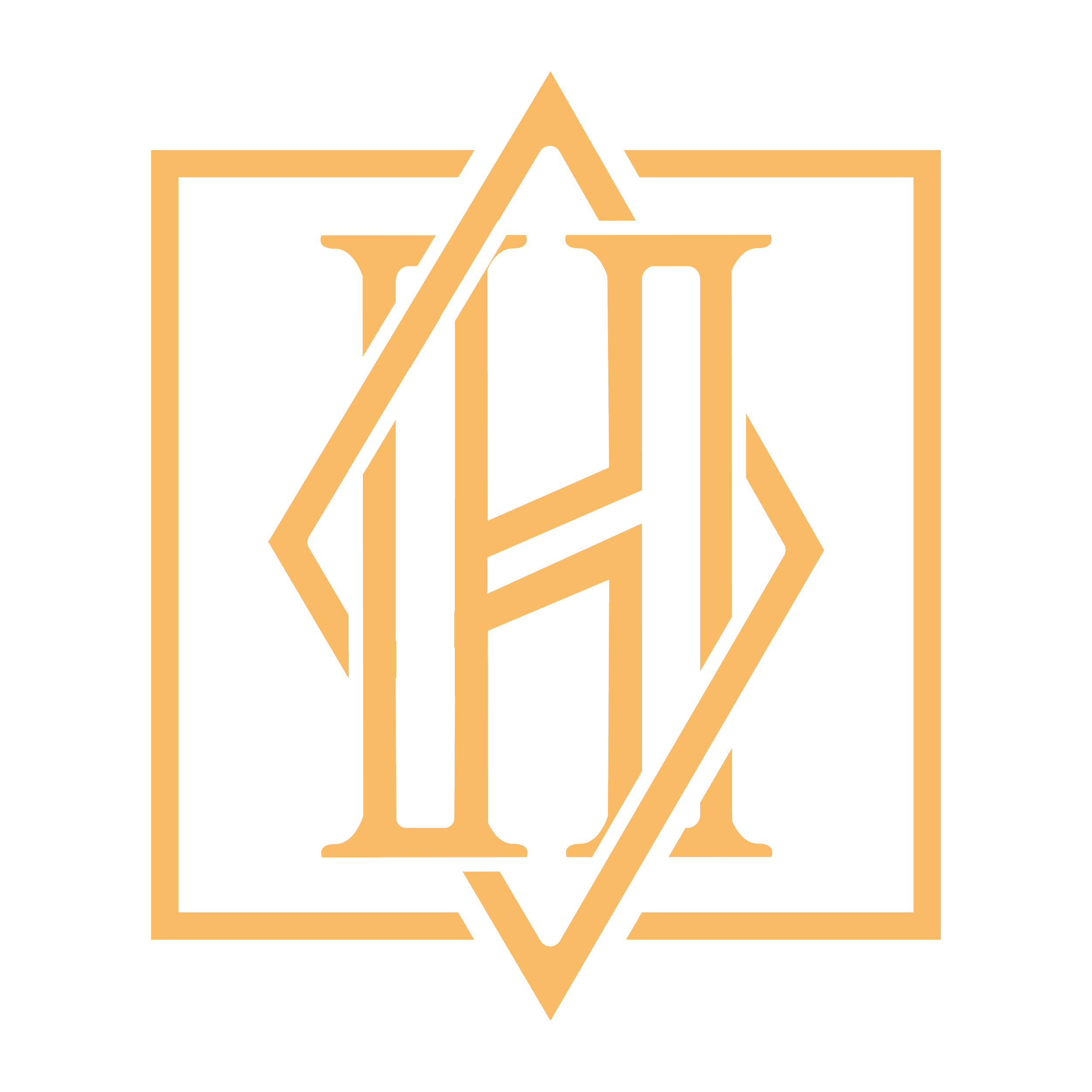 A stylized monogram logo with the letters 'A' and 'H' intertwined in a geometric design with a gold color on a black background, enclosed within a square border.