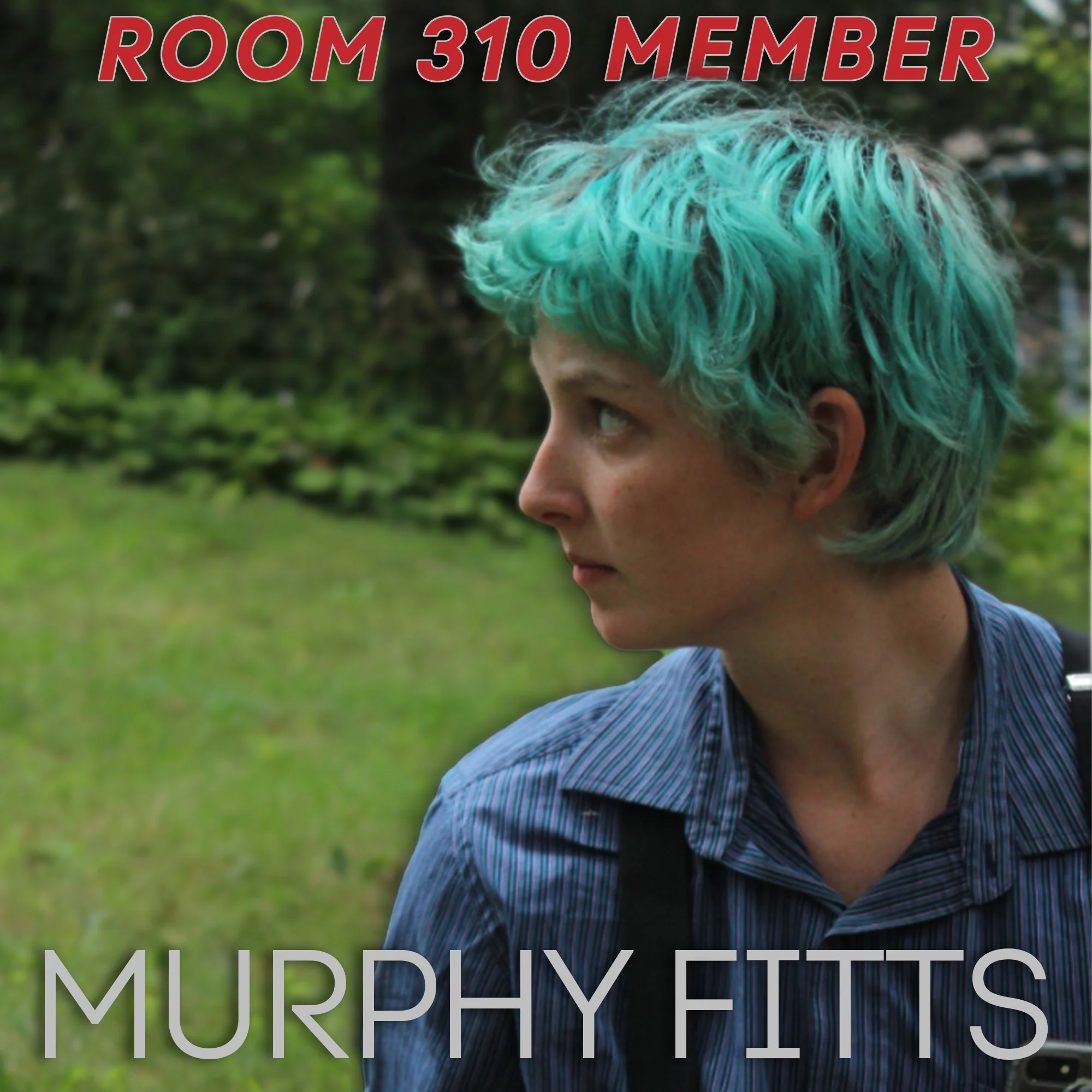 A young woman with turquoise hair looking to the left outdoors with greenery in the background, wearing a blue striped shirt.