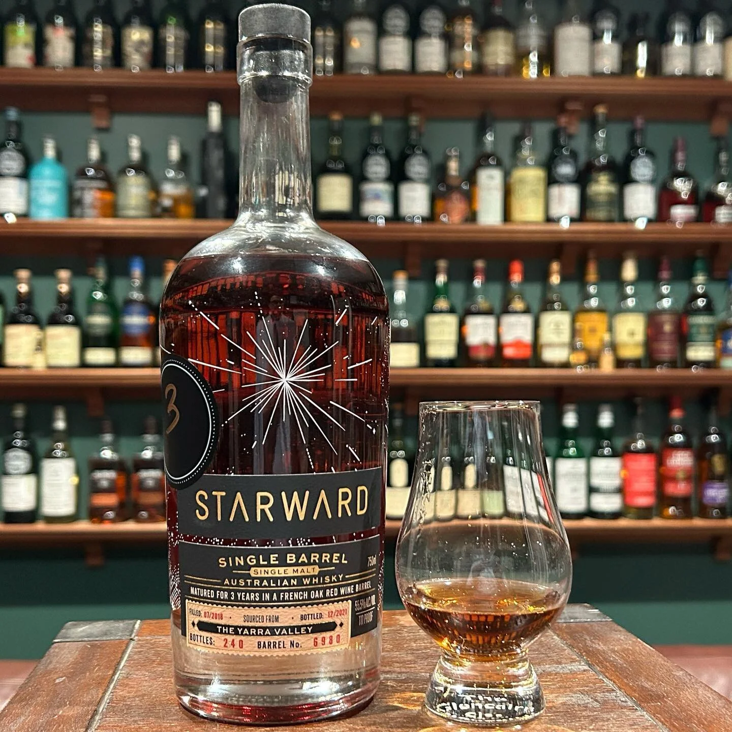 What a treat! Starward single barrel #6980. Australian single malt. Aged 3 years in French oak red wine cask. 55.5% ABV.
Nose: Lots of fruit - cherry, apricot, plum; vanilla; cut grass.
Palate: More fruit, toffee, peppery spice on the finish. Slightl