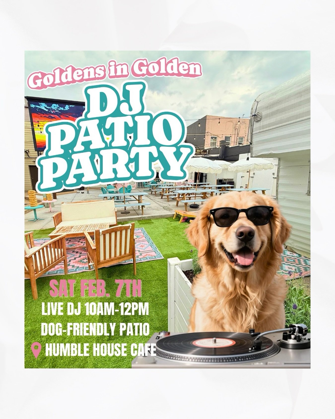 Join us for our GOLDENS IN GOLDEN DJ PATIO PARTY this Saturday 10am-12pm! 
🌞🕶️☕️🦮🥓🌞🕶️☕️🦮🥓🌞🕶️☕️🦮🥓
DJ Tyler will be spinning beats and we will be serving up tons of pupuccinos, lattes, breakfast sammies, mimosas, you name it!