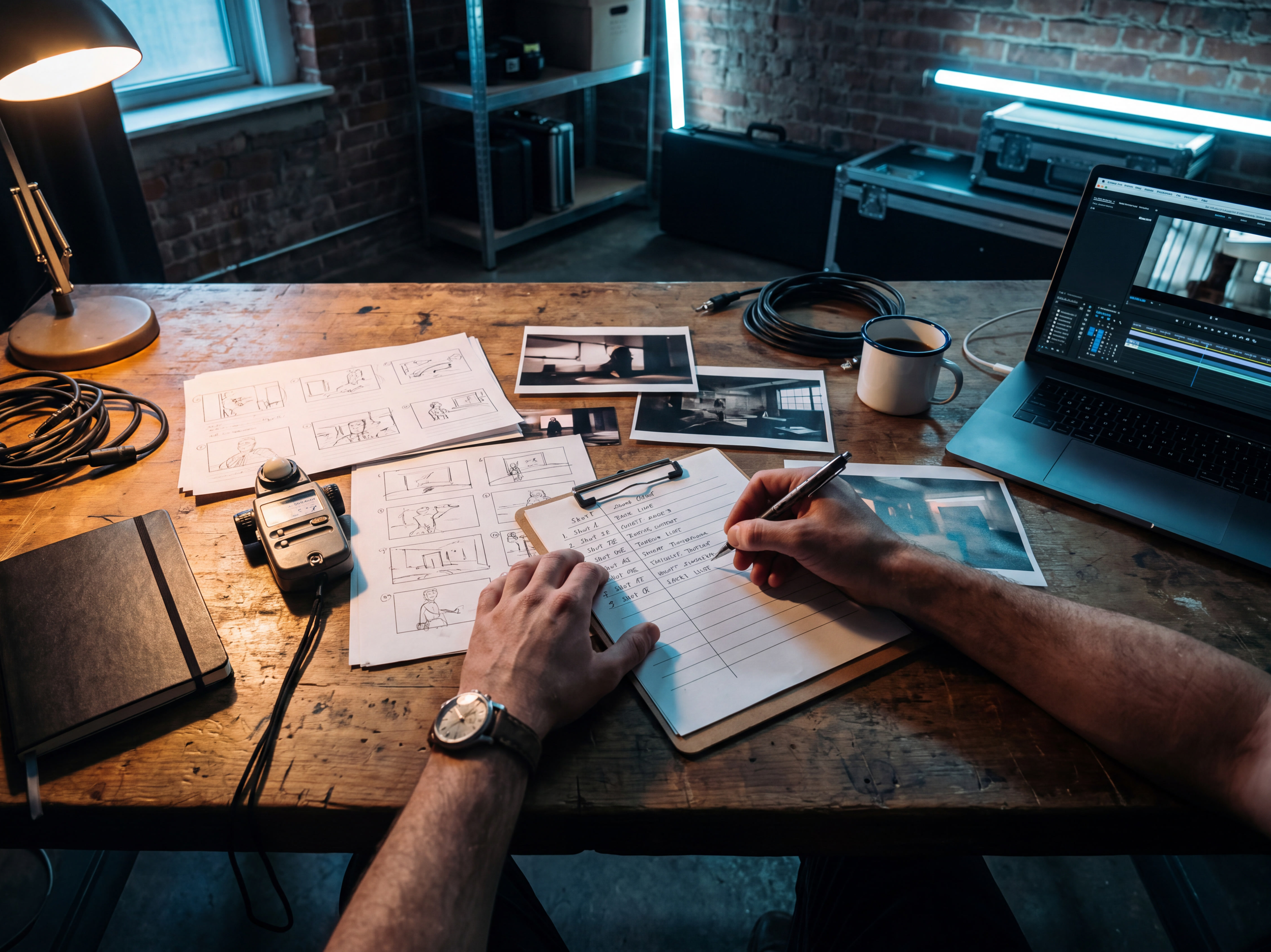 Pre-production storyboards, shot list, and video production planning