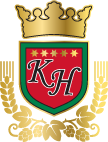Wappen mit den Buchstaben 'KH' auf rotem Hintergrund, umrahmt von einem goldenen Schild und einer Krone. Logo Brauerei Königshof