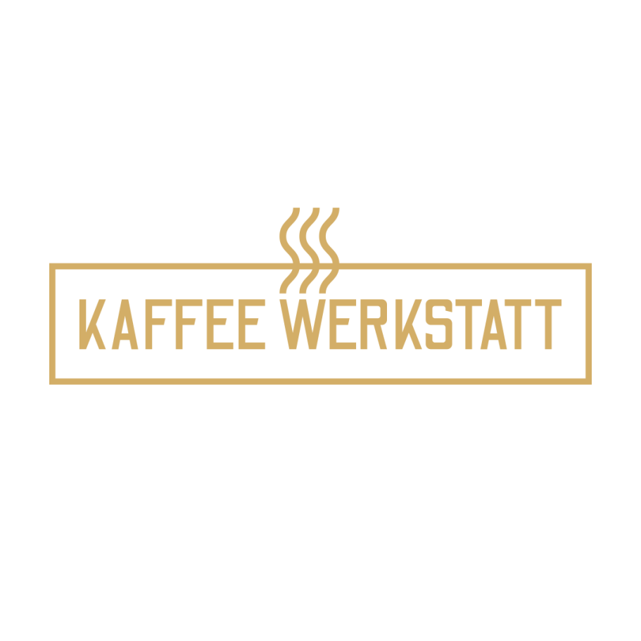Logo mit der Aufschrift "Kaffee Werkstatt" und dampfenden Kaffeebohnen darüber, auf schwarzem Hintergrund.