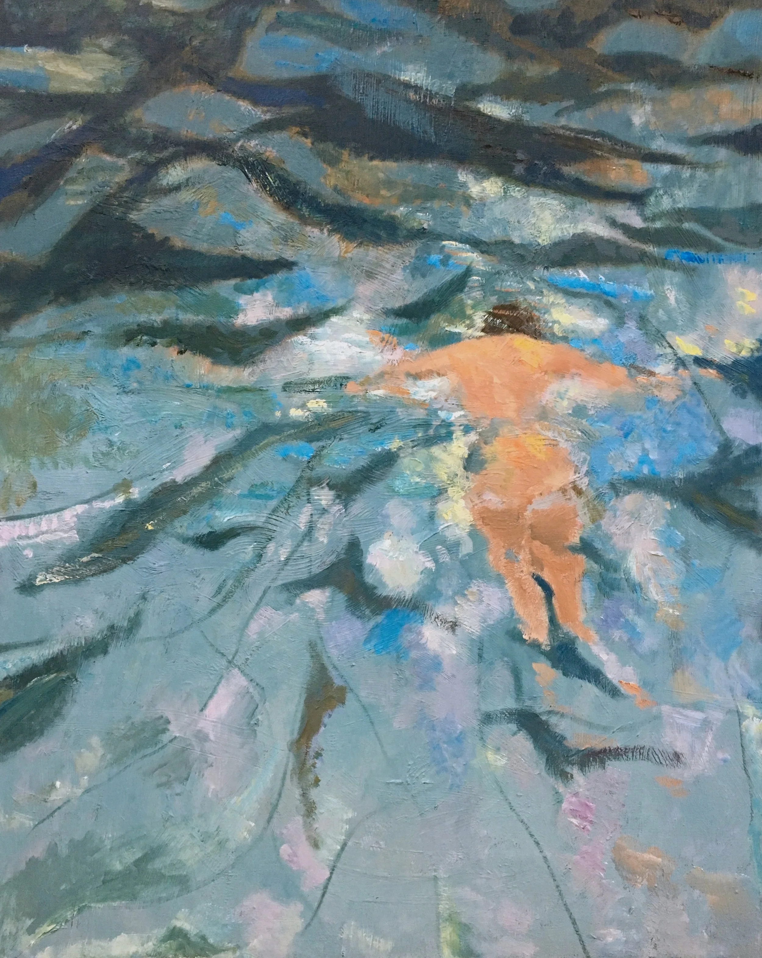 A person swimming underwater among lily pads and water lilies in a pond, painted in an impressionistic style.