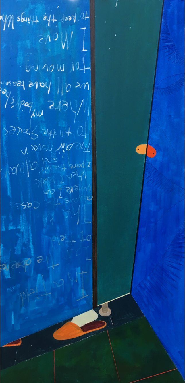 Close-up of a painting showing a corner of a room with a person’s legs wearing orange shoes, a blue wall with line patterns, and a chalkboard with handwritten text in blue chalk, partially obscured.
