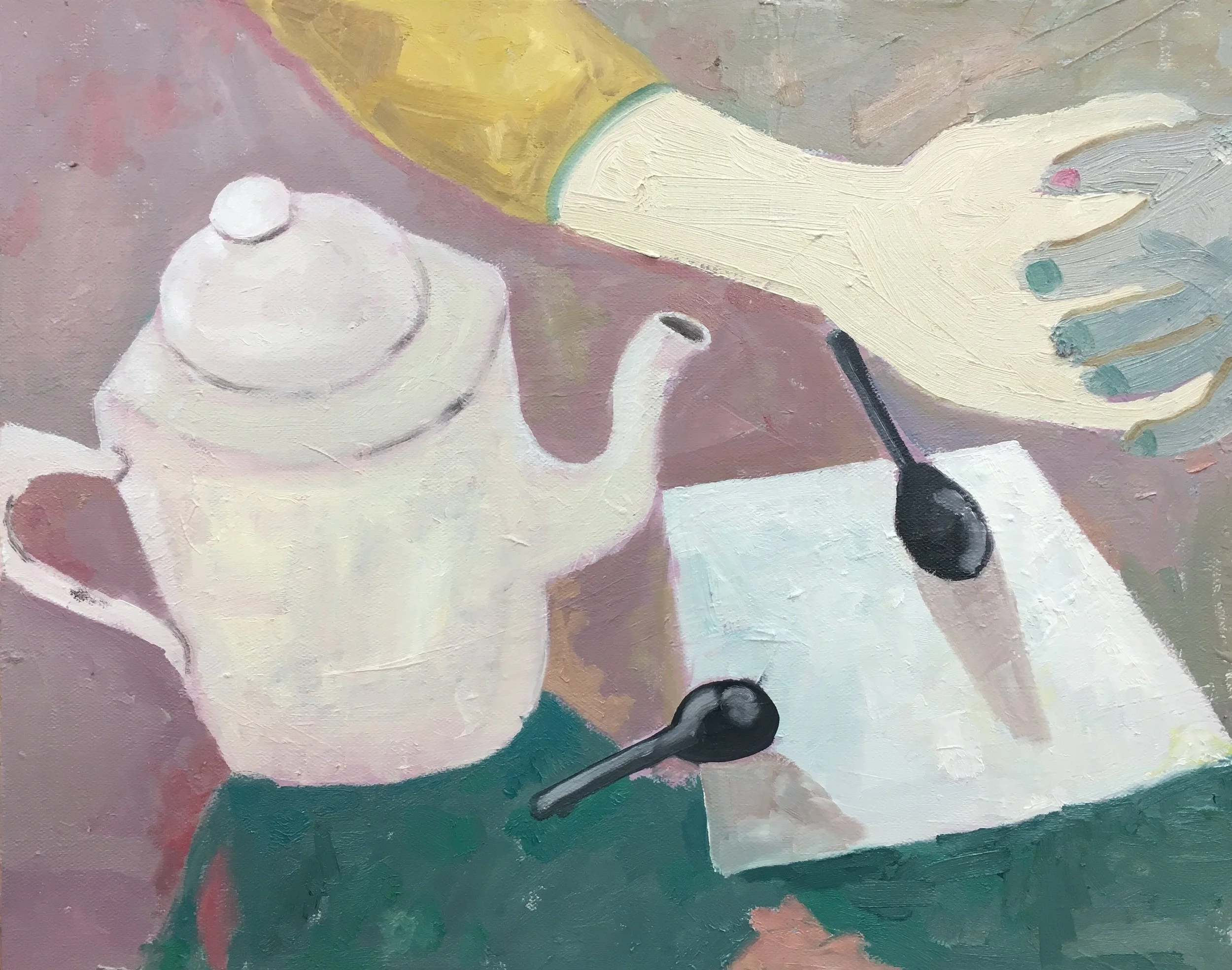 An oil painting of a white teapot, a black and white paper, and a gloved hand with blue nails resting on the paper.
