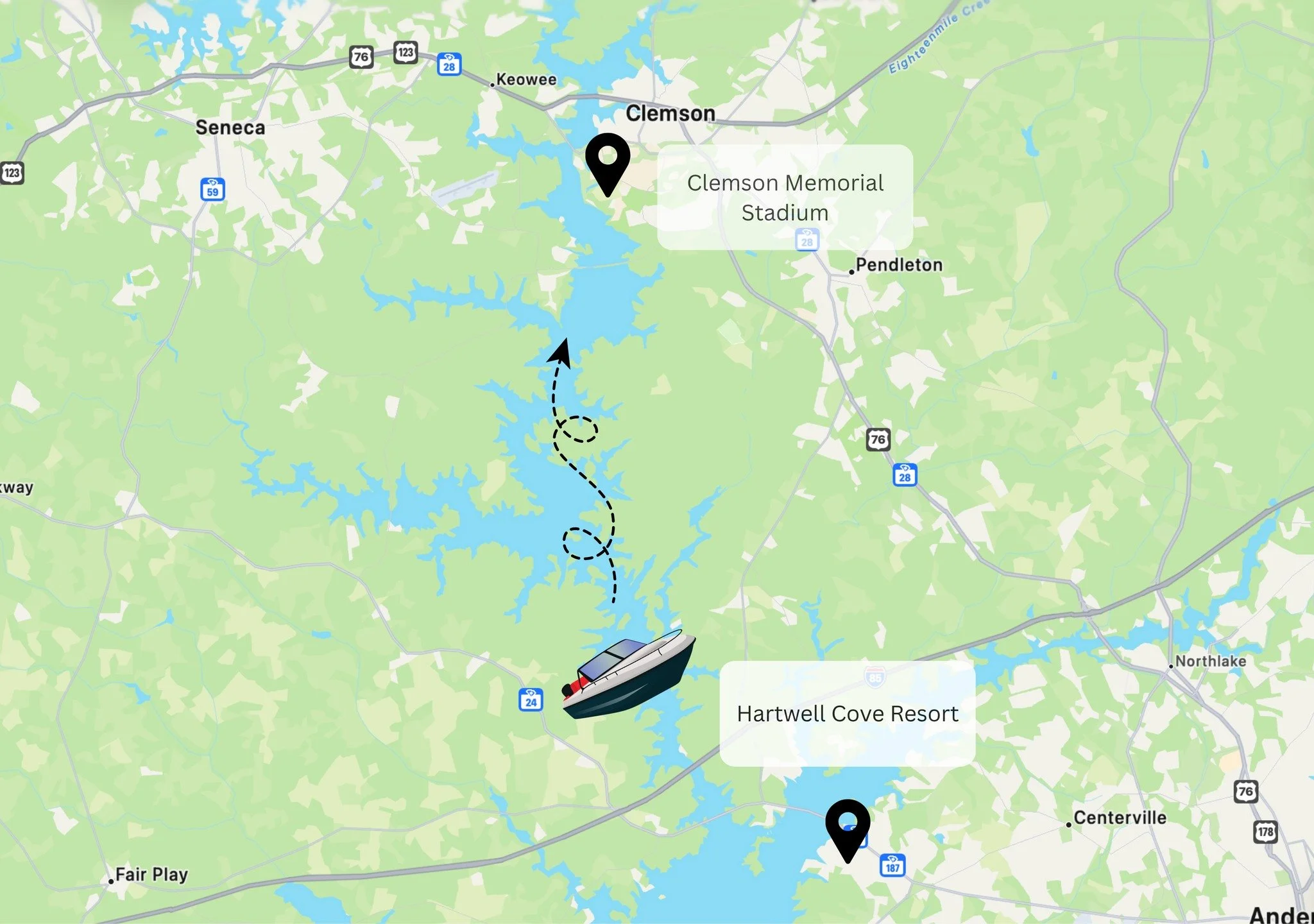 Hartwell Cove Resort is just a short boat ride away from Clemson Memorial Stadium!!! Heading to the George Strait concert this weekend, or Morgan Wallen later this summer?! Avoid the traffic and go by boat -- choose to stay at Hartwell Cove for conve