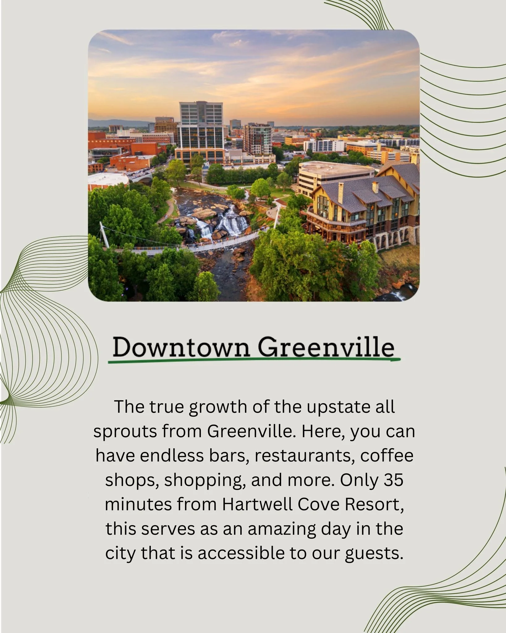 Hartwell Cove Resort is only 35 minutes away from Greenville- a hub for good food, concerts &amp; live music, walking trails, and more!

P.S.- only a few more days to receive 20% off bookings!! Contact us to get your spot reserved!

 #greenville #ide