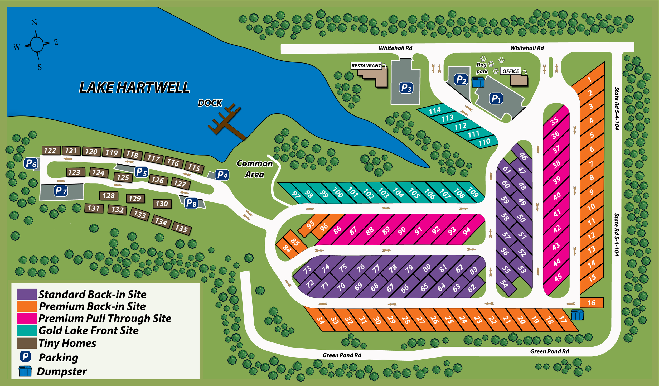 Site map of a campground surrounding Lake Hartwell, showing various campsites, parking areas, tiny homes, and amenities including a restaurant, office, and dog park.