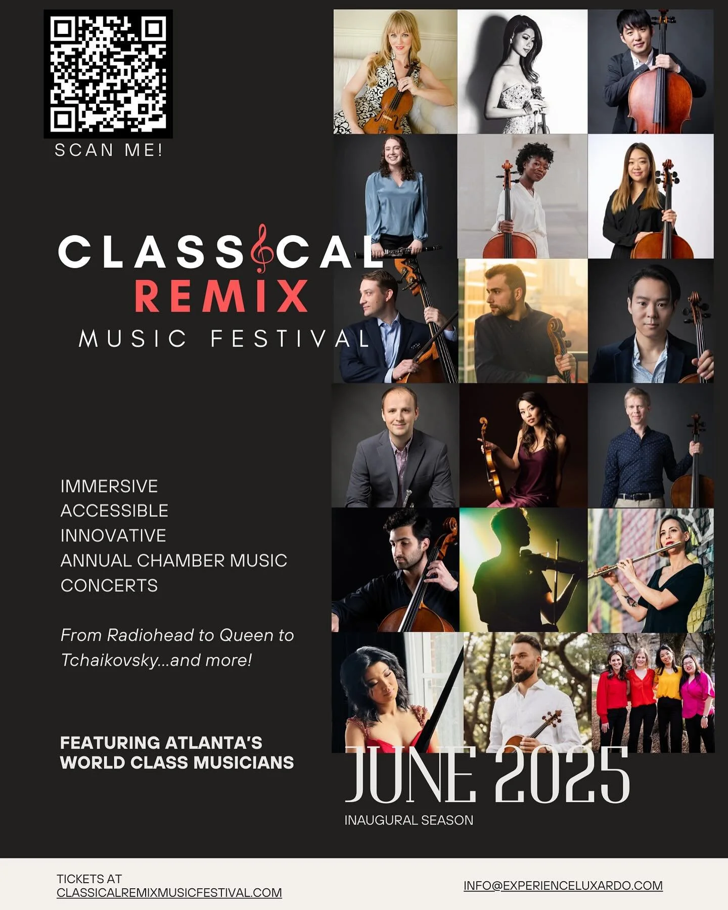 One month out until the inaugural Classical Remix Music Festival begins! 🎉
We can’t wait to show you what we have in store for you: quoting our pianist Choo Choo, it’s going to be like Tanglewood meets Coachella 😎
Check out the link i