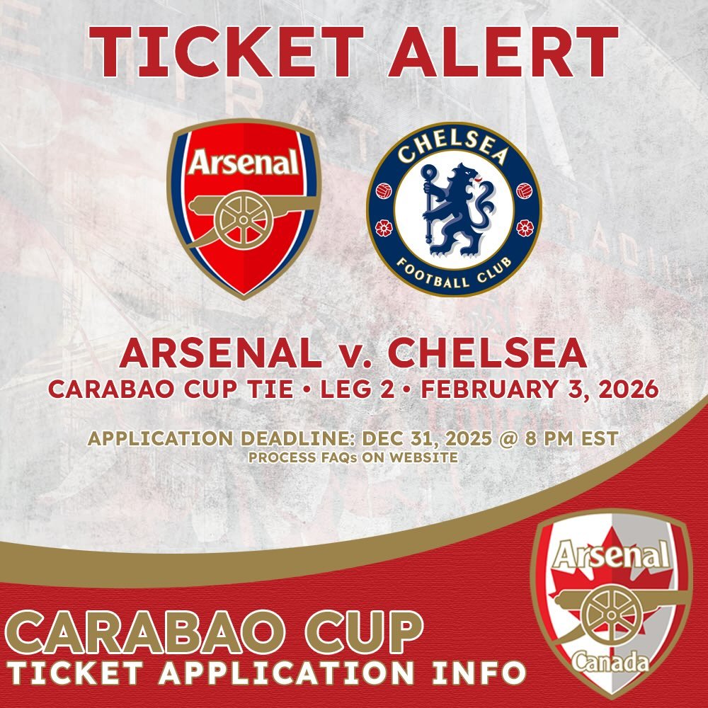 TICKET INFO! Applications to our Carabao Cup Semi Final against Chelsea are live in arsenalcanada.ca. This is for the second leg at Emirates on February 3.

TIGHT DEADLINE! Applications close quickly, New Year's Eve (December 31) at 8 PM EST. 

Appli