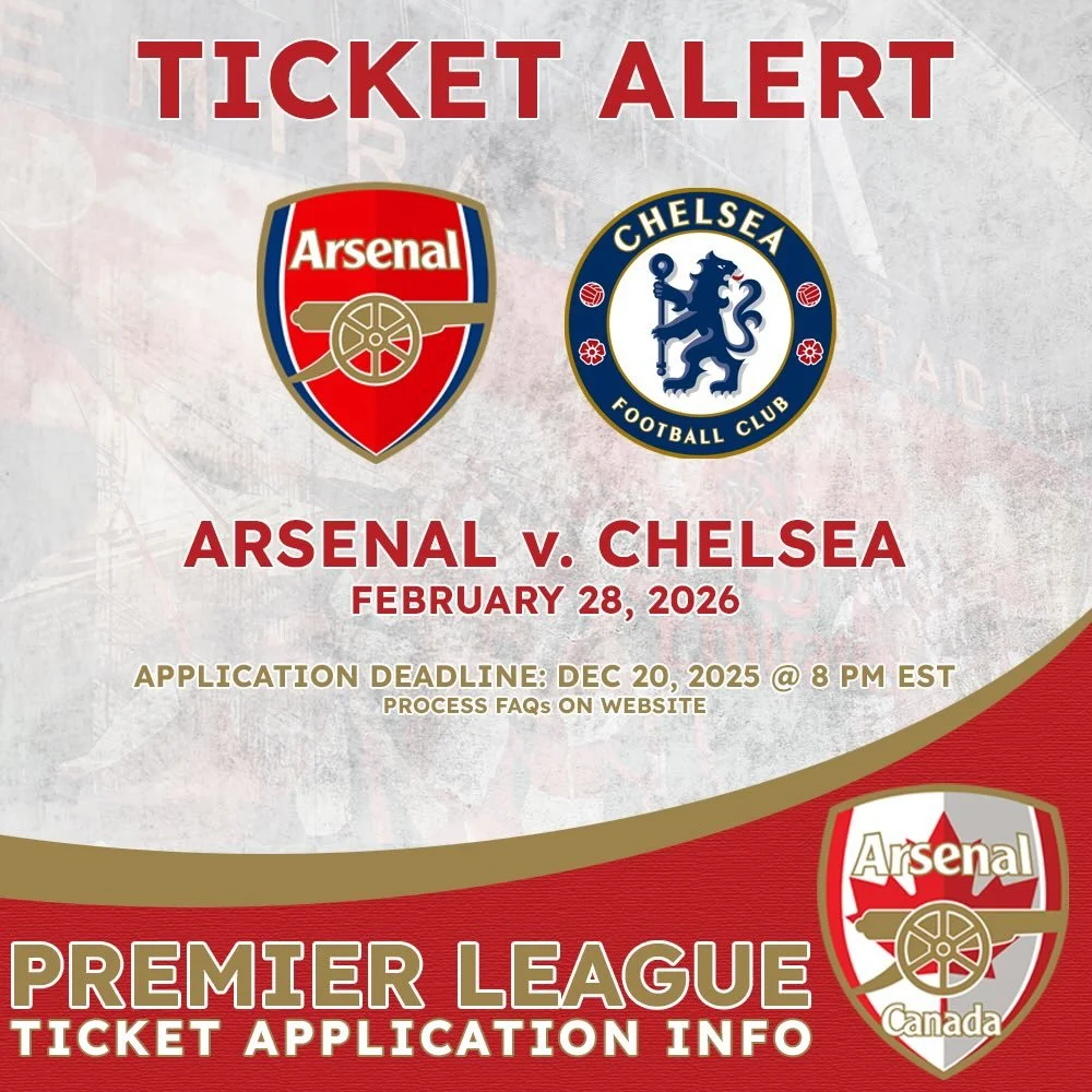 Applications for our fixture against Chelsea in February are now live at arsenalcanada.ca!

Open to all members with a deadline of December 20, 2025 at 8 PM EST.

#Arsenal #PremierLeague #GreatWhiteNorthBank