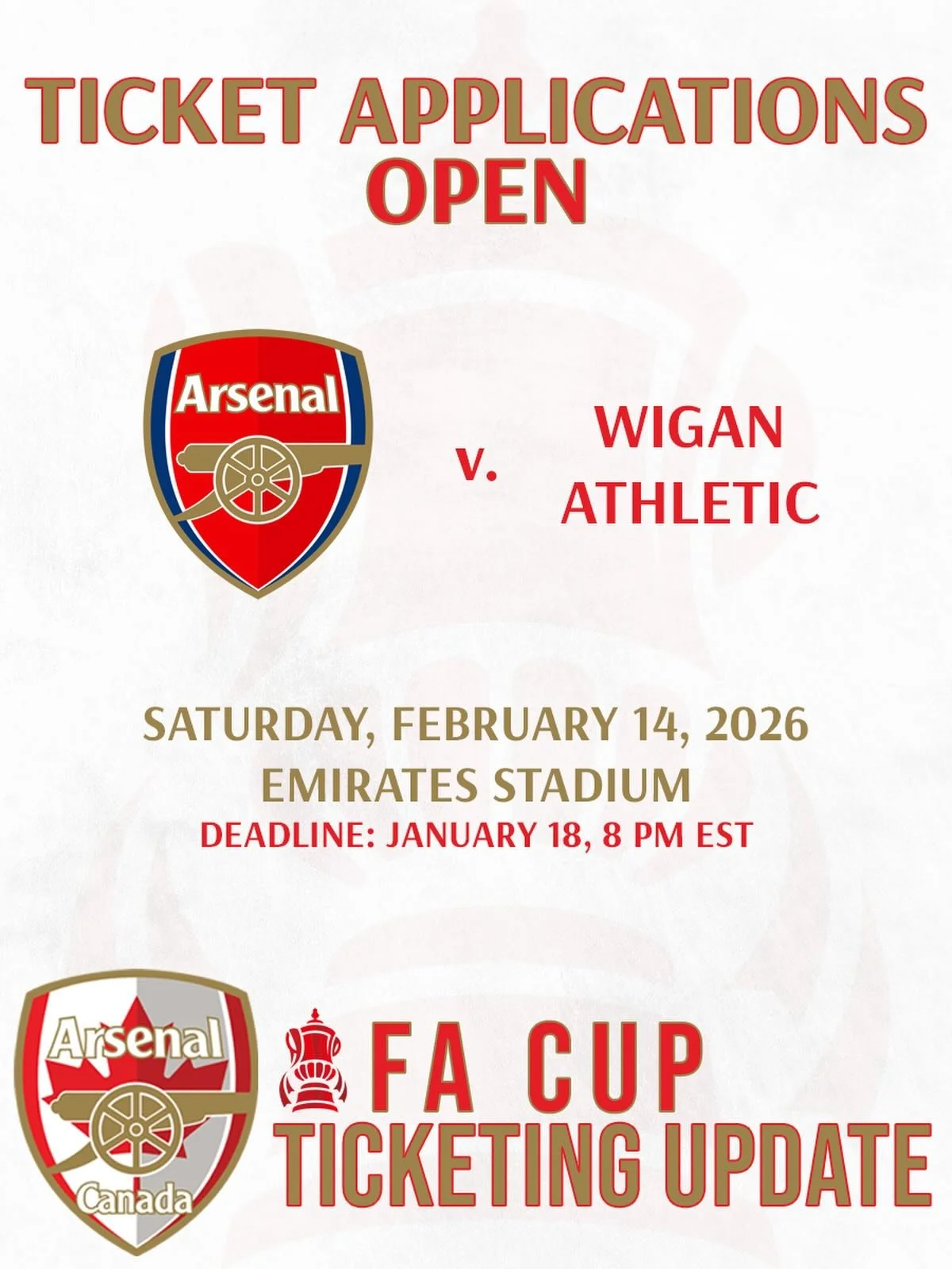 🚨🚨 Ticketing Alert 🚨🚨

Applications are open at arsenalcanada.ca for our FA Cup match against Wigan Athletic. This is tight turnaround with a deadline of January 18 at 8 PM EST. 

Open to all members. #Arsenal #FACup #GreatWhiteNorthBank