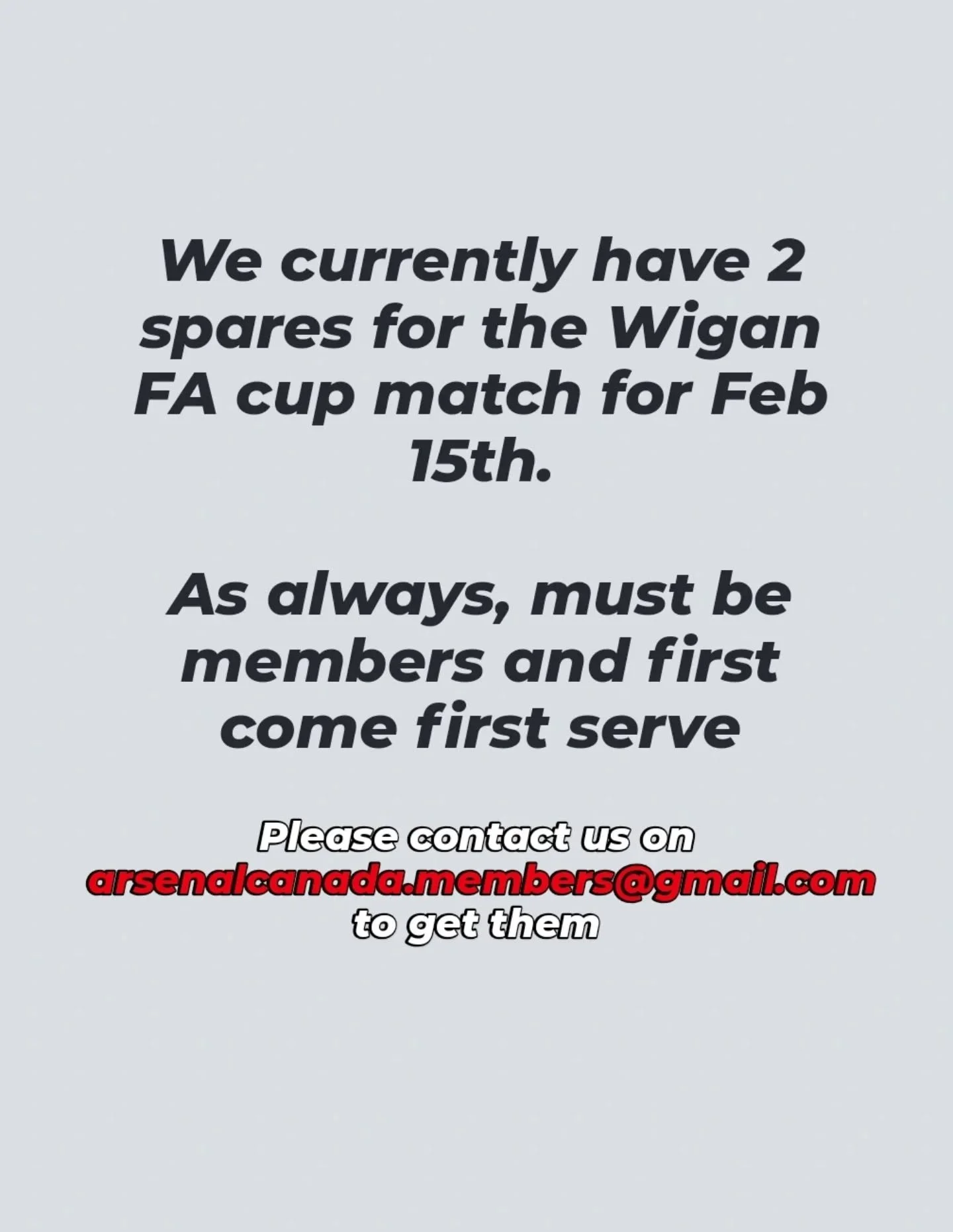 #PSA: Two tickets for the Wigan game up for grabs for Arsenal Canada members. Email us to get them!

#Arsenal #ArsenalCanada #Gunners #ARSCAN