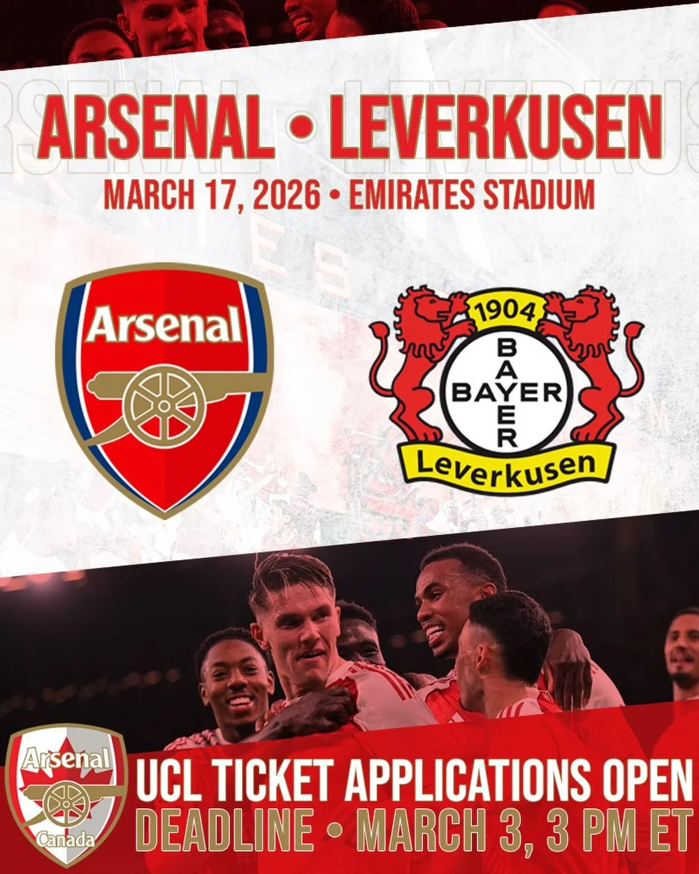 🚨🚨 Ticket Alert 🚨🚨 Our UCL home match applications are now live at arsenalcanada.ca. Open to all members!

This is your chance to be at Emirates for a European night and show our boys just how loud the #GreatWhiteNorthBank is!

Very quick turnaro