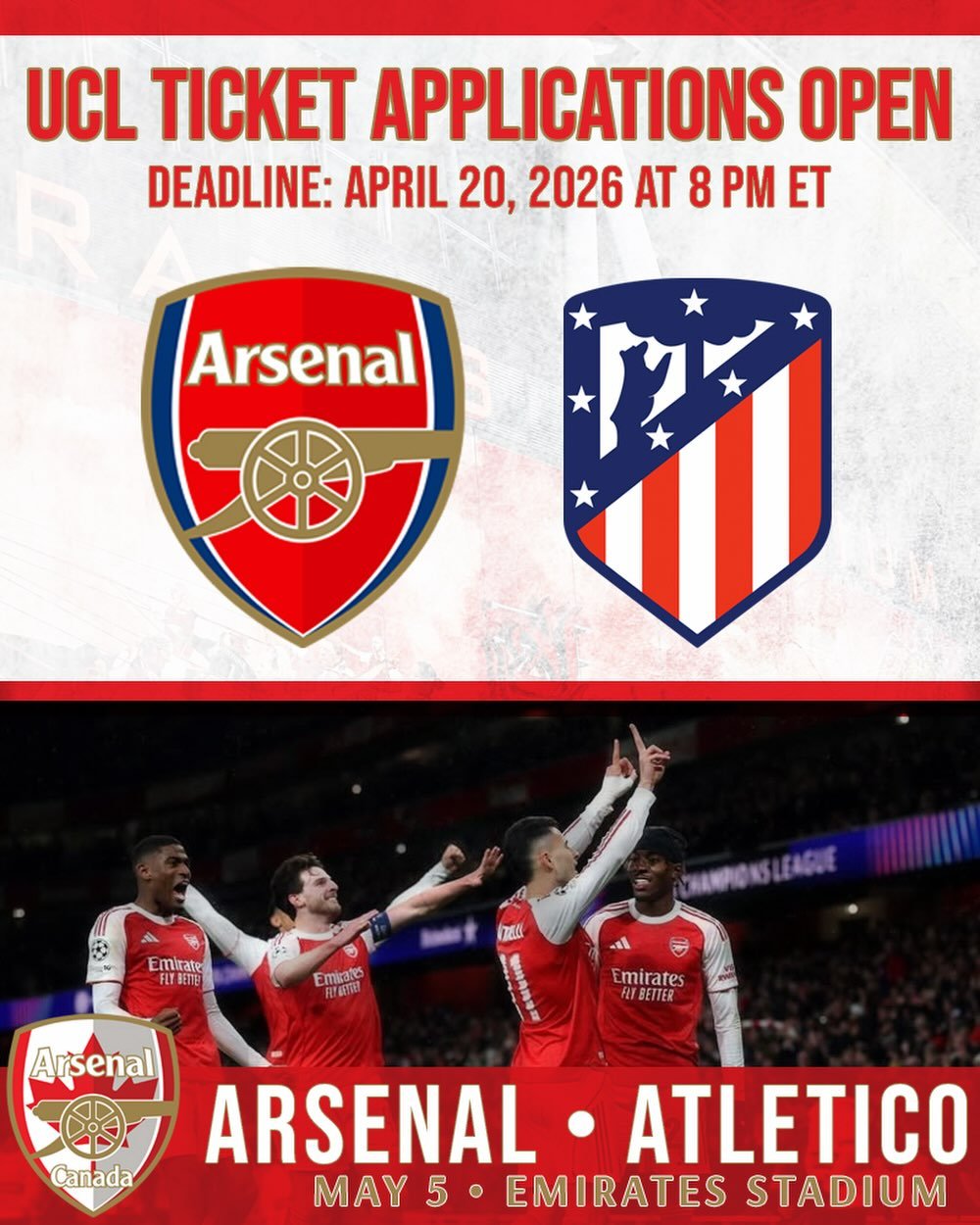That's right, #UCL ticket applications for our semi-final home leg are open!!! Head over to ArsenalCanada.ca to get into the ballot, open to all Arsenal Canada members.

#GreatWhiteNorthBank #Arsenal #yagunnersya #COYG