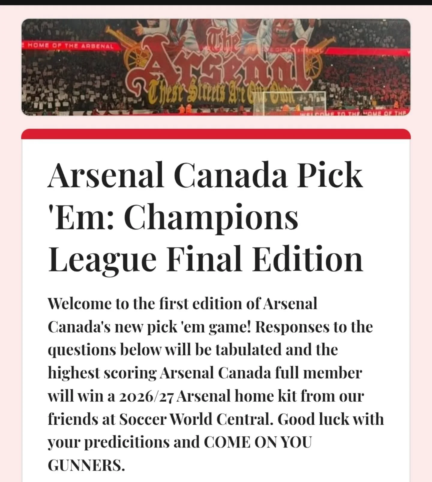 #ContestAlert: Big game this weekend! Here's a chance to win a 2026-27 Arsenal home jersey ahead of the #UCLfinal wink 😉 All you have to do is fill out a form (link in bio). Like, share and tag your friends to this post to spread the word ❤️

#COYG 