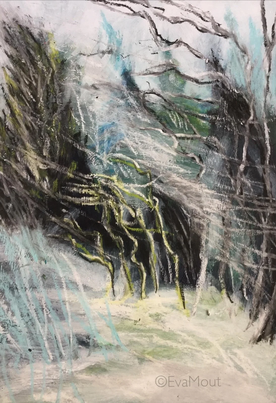 ‘Winter Storm’, acrylics and crayon on paper, A4, SOLD