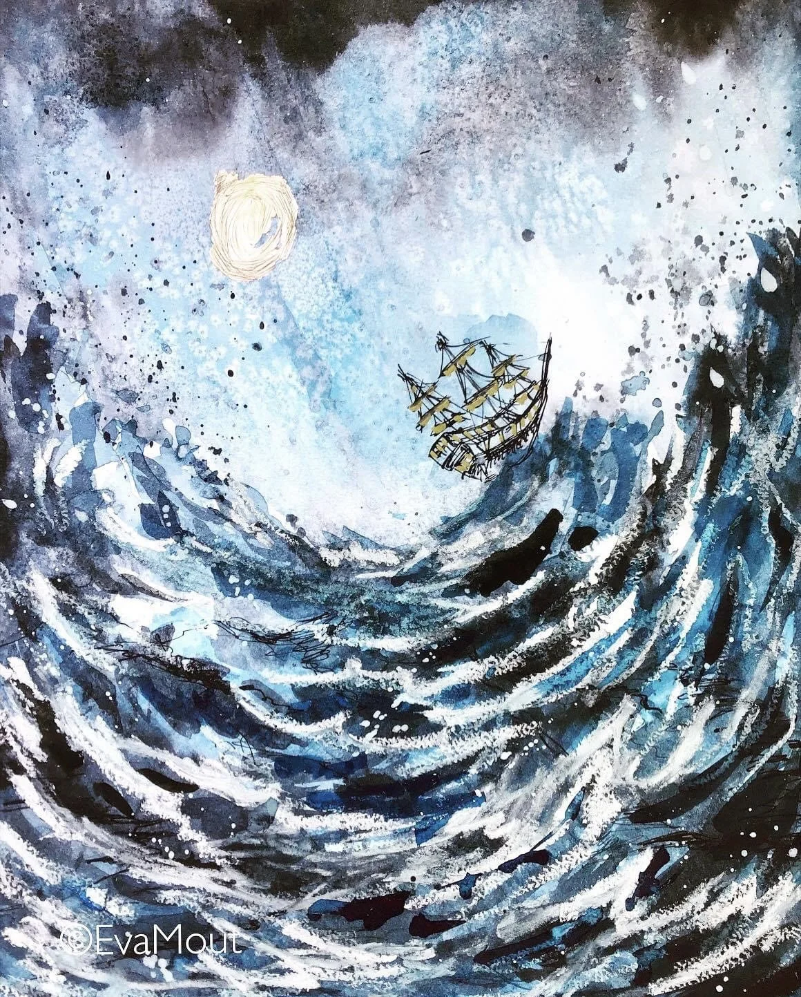 ‘Jede Welle gehört zum Meer 2’, ink and gold leaf on paper, A4, SOLD