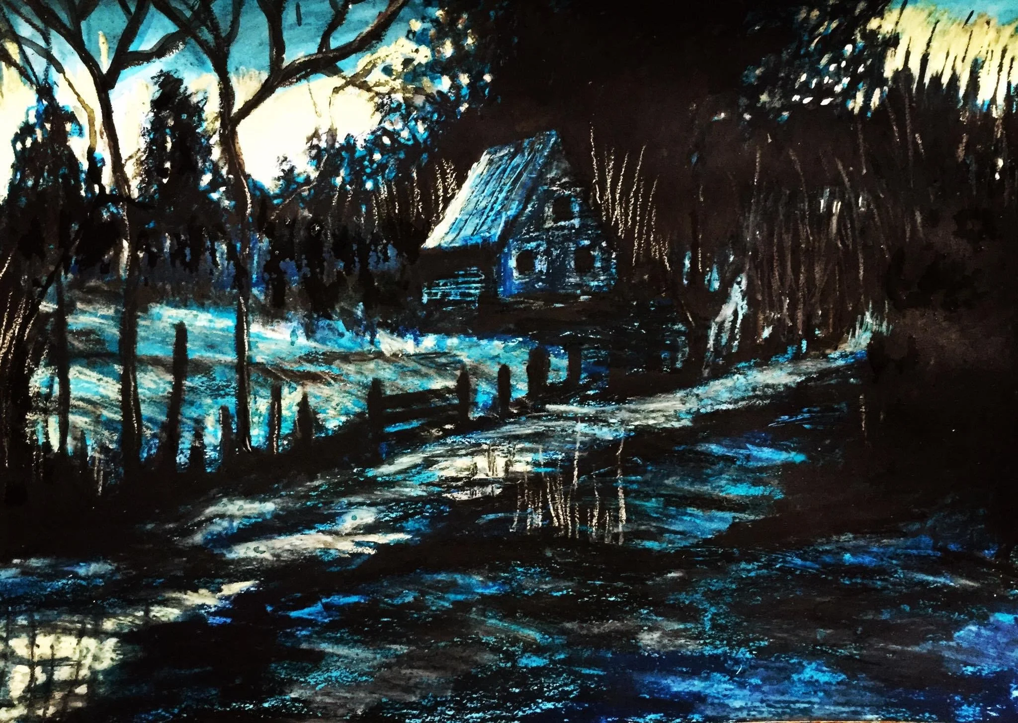 ‘Evening Walk 2’, acrylics and crayon on paper, A3, SOLD